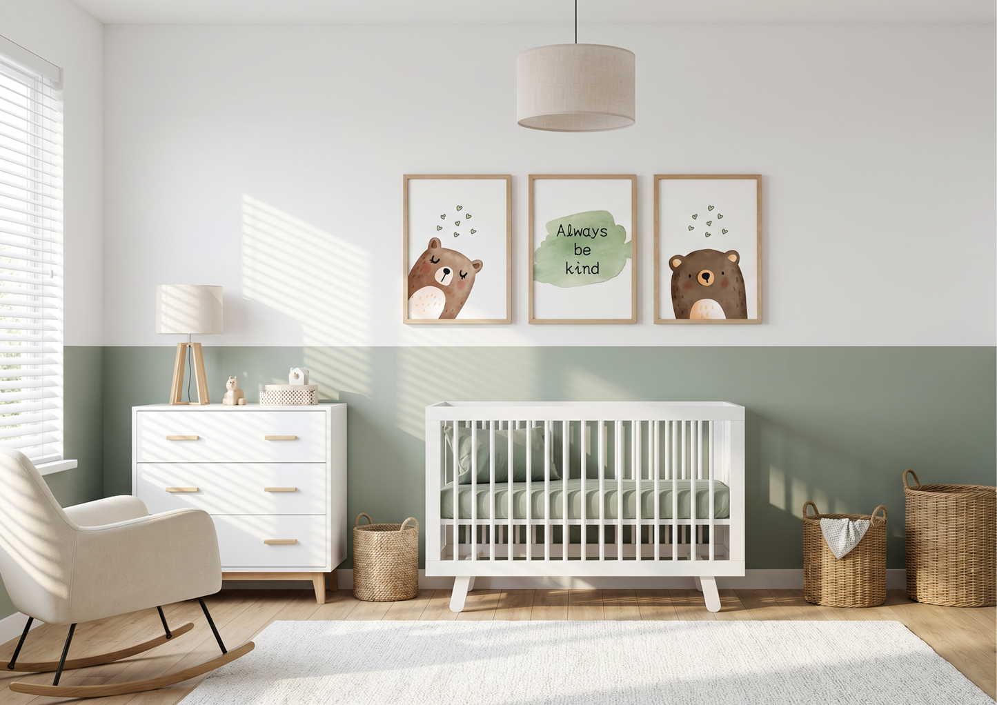 Nursery room with white crib, dresser, and chair, featuring bear wall art and decor.