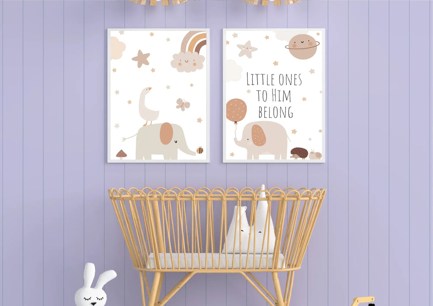 Nursery room with two wall posters featuring elephants and text, a crib, and decorative elements on a purple wooden panel wall.