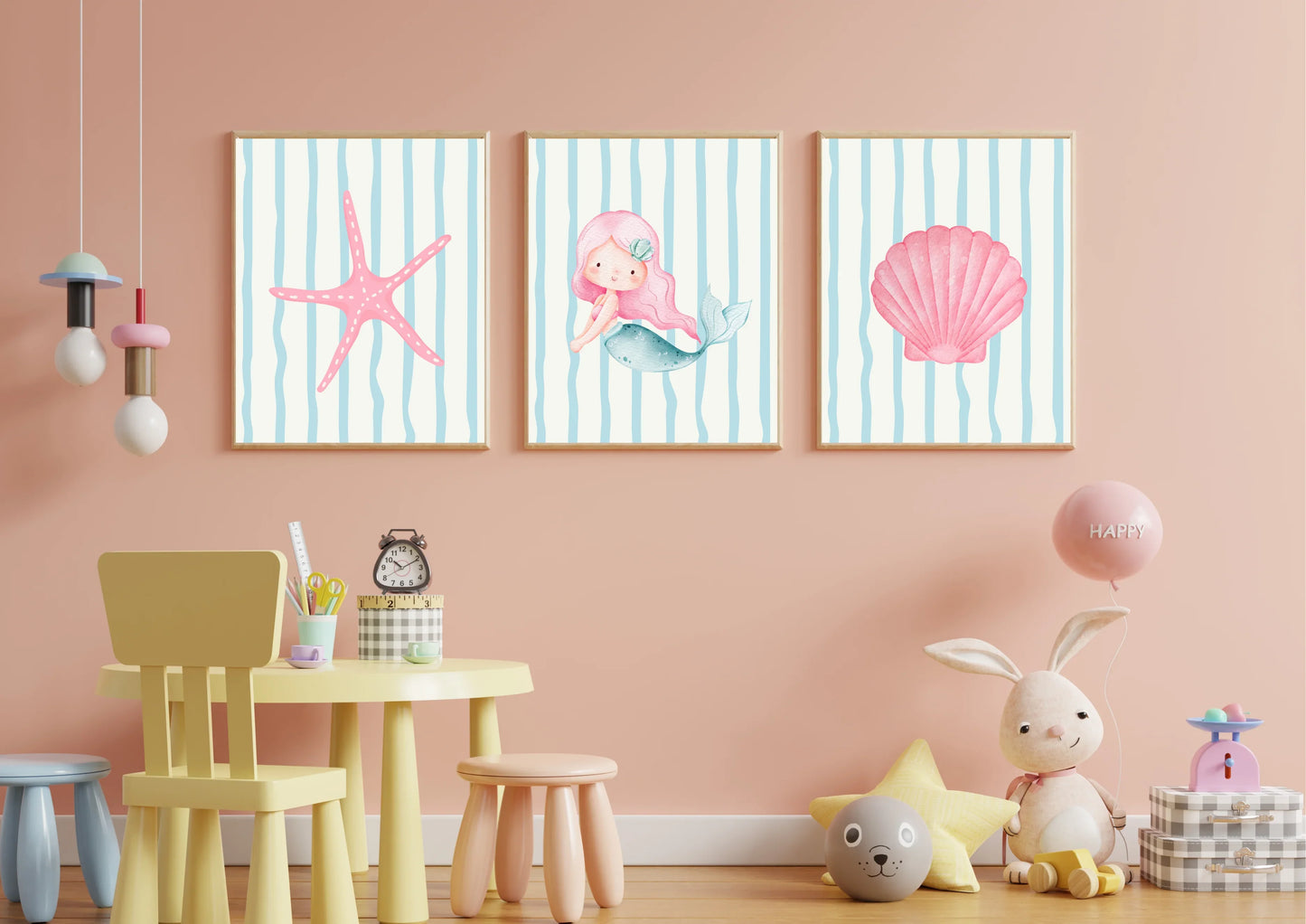 Children's room with pink walls, mermaid wall art, a yellow chair, and a table with toys.