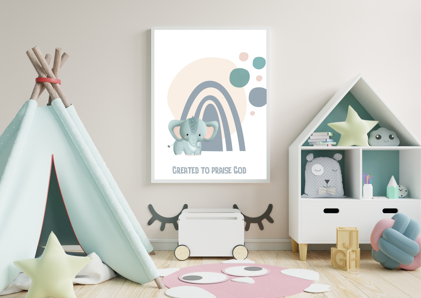 Children's room with a teepee, shelf with toys, and wall art featuring an elephant and rainbow.