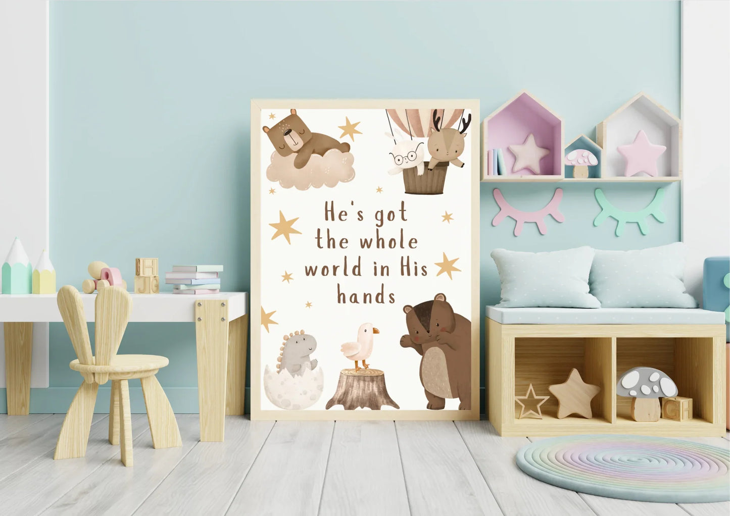 Children's room with a decorative poster featuring animals and text, a wooden chair, and shelves with toys.