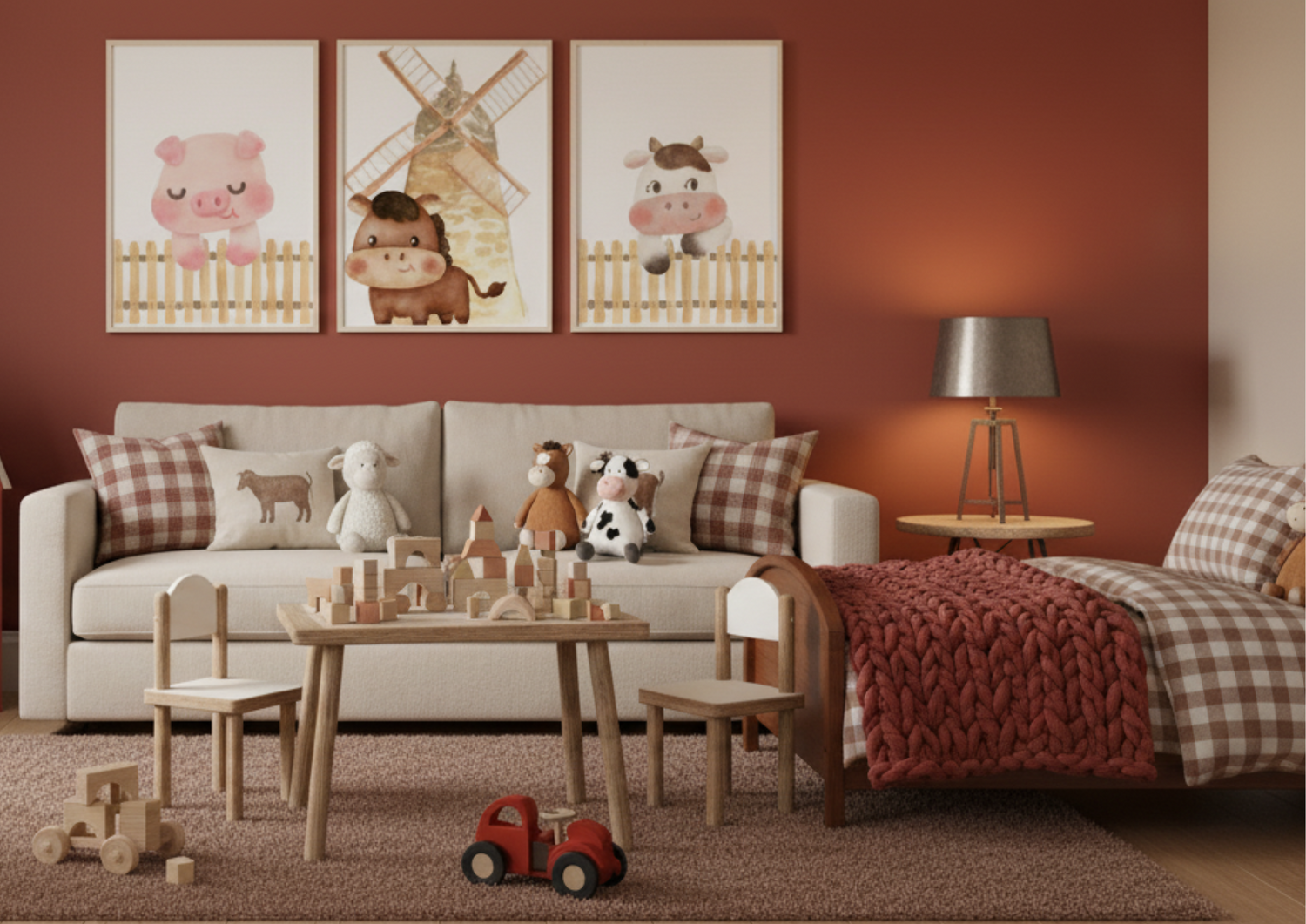 A cozy toddler's bedroom featuring three framed prints of a pig, a cow, and a chicken. The room has a bed with a red checkered blanket and a wooden toy box.
