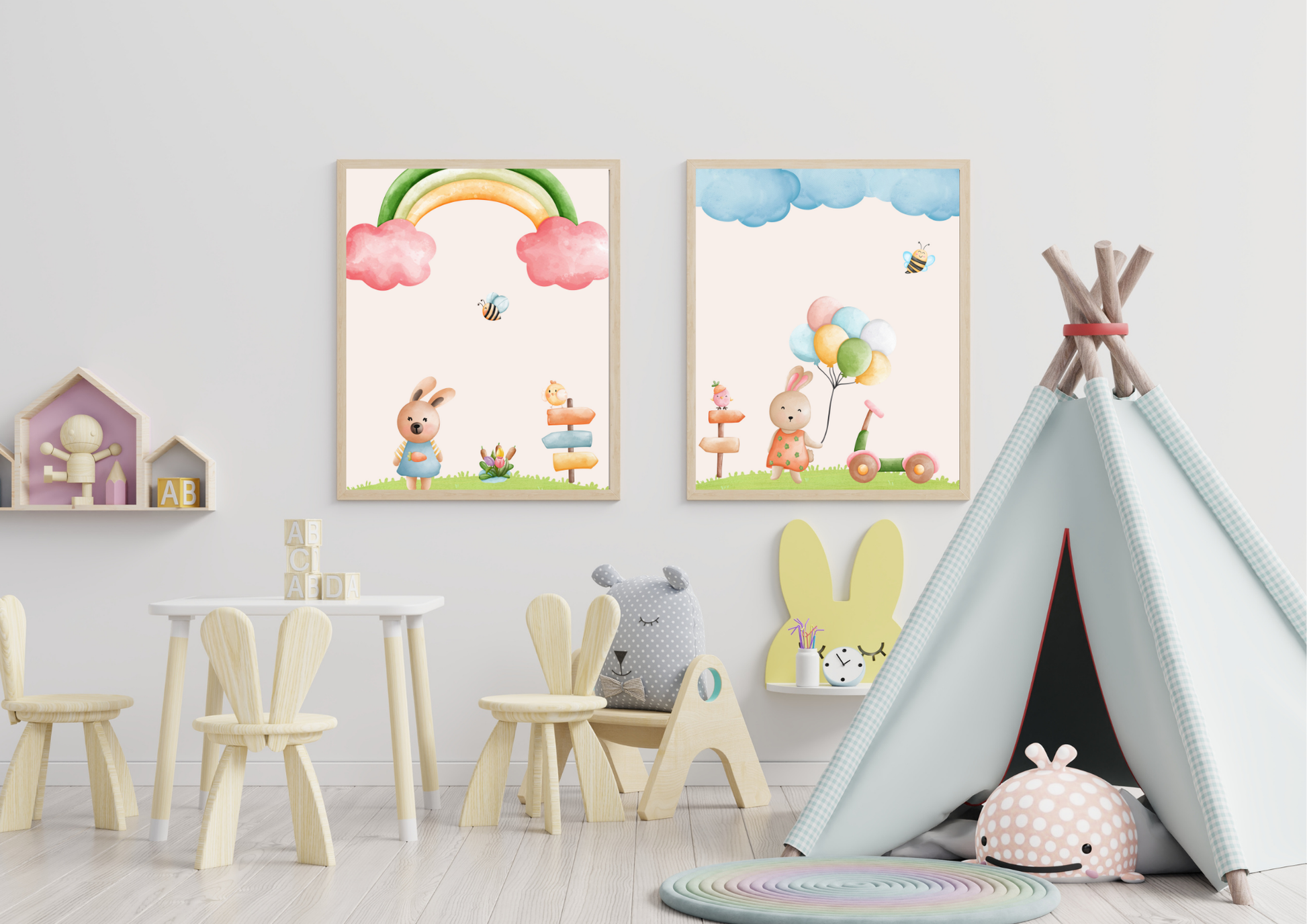 Children's playroom with colorful wall art, furniture, and a teepee.