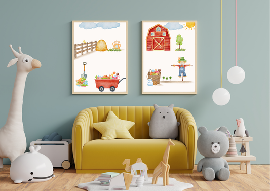 Children's room with yellow sofa, toys, and farm themed illustrations on a light blue wall.