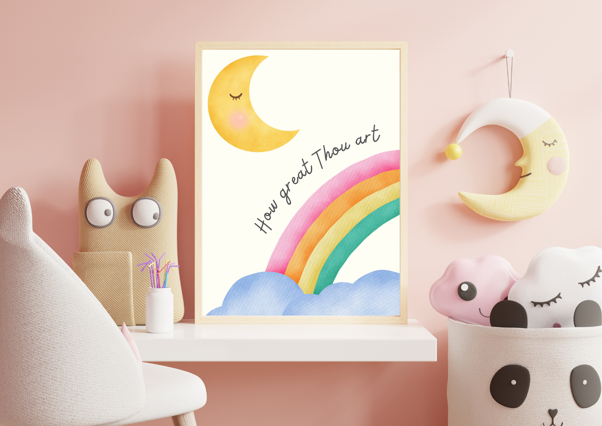 Children's Christian room decor with a rainbow and moon print, toys, and a pink wall.