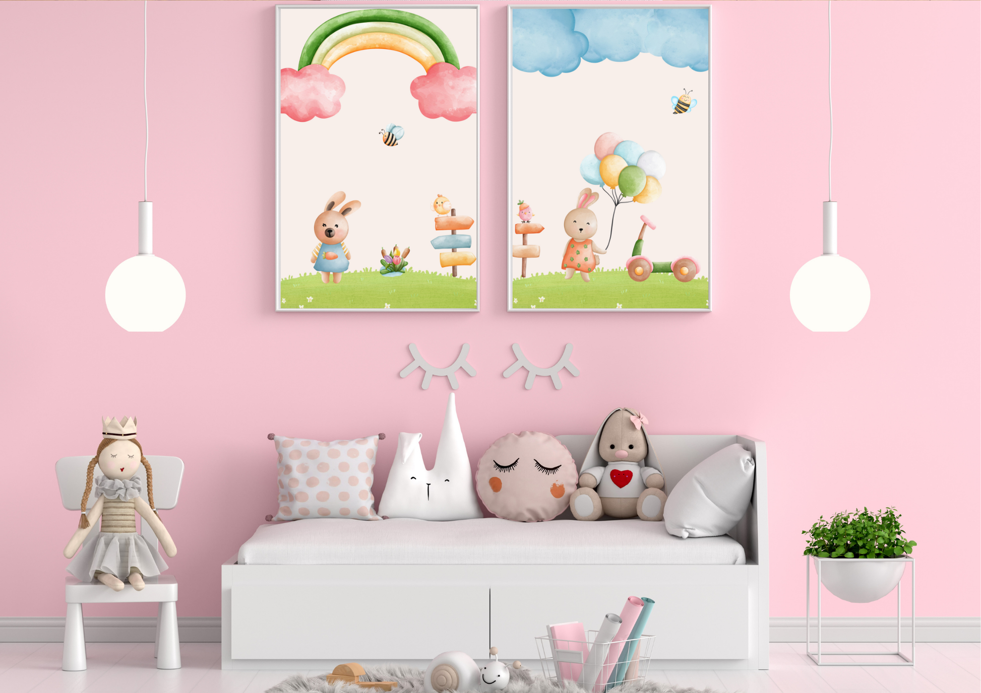 Children's room with pink walls, white furniture, and decorative elements.