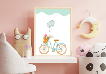 Sweet Bicycle Nursery Print | Balloon Wall Art | Pink And Mint Kids Decor