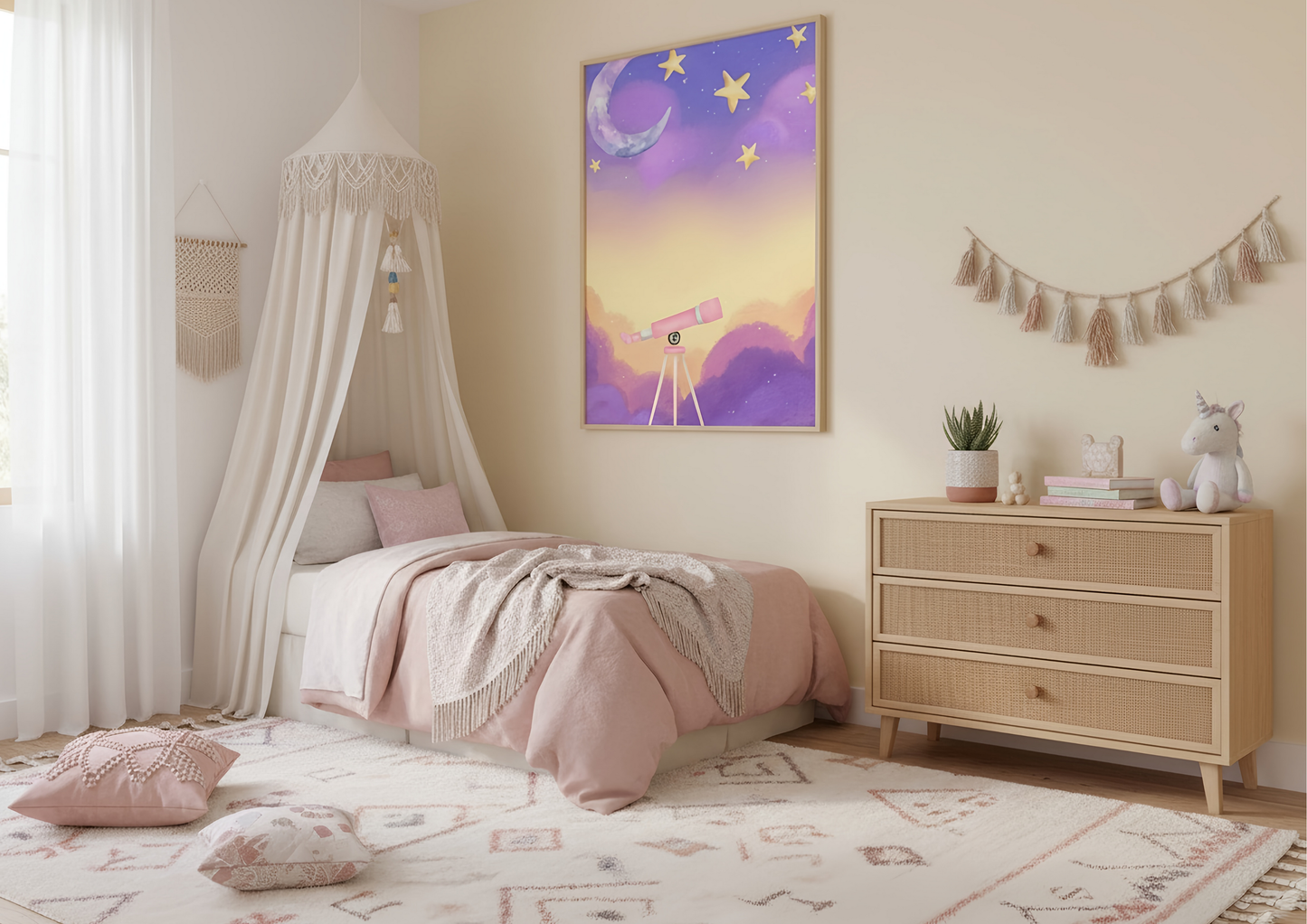 Children's bedroom with a bed, dresser, and wall art.