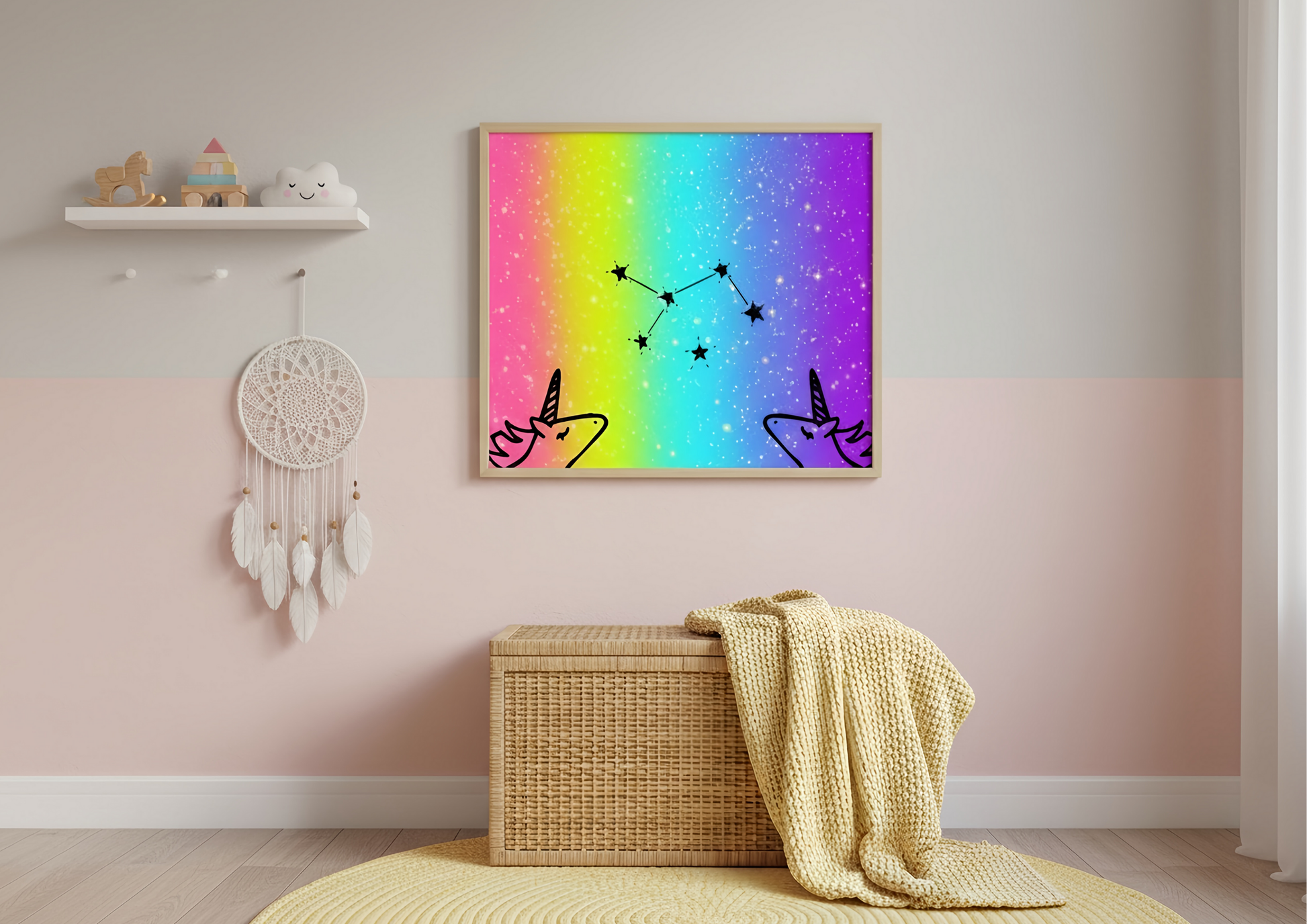 Colorful unicorn-themed wall art on a wall with a shelf and basket in the background.