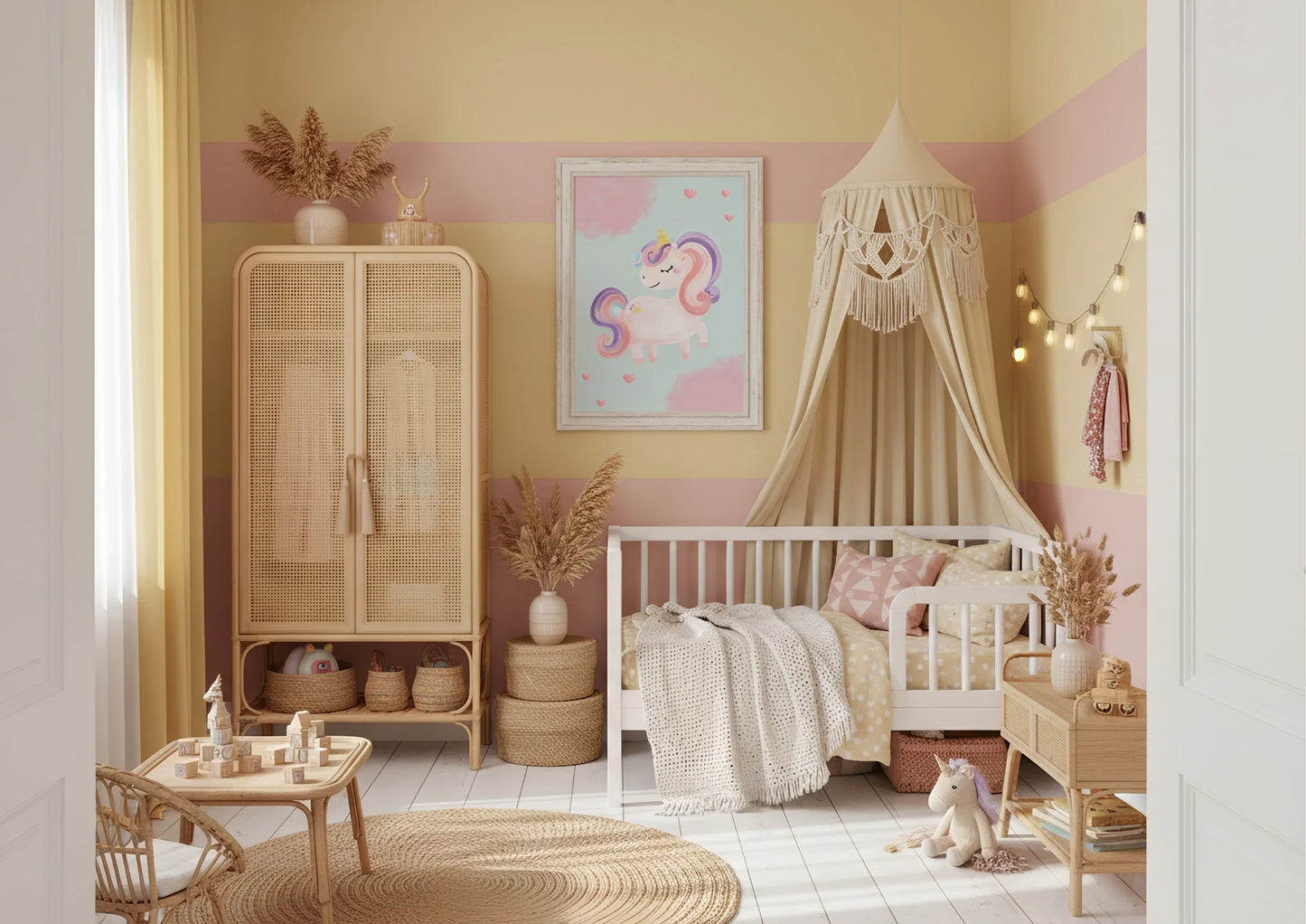 Children's bedroom with a unicorn theme, including a crib, wardrobe, and decorative elements.