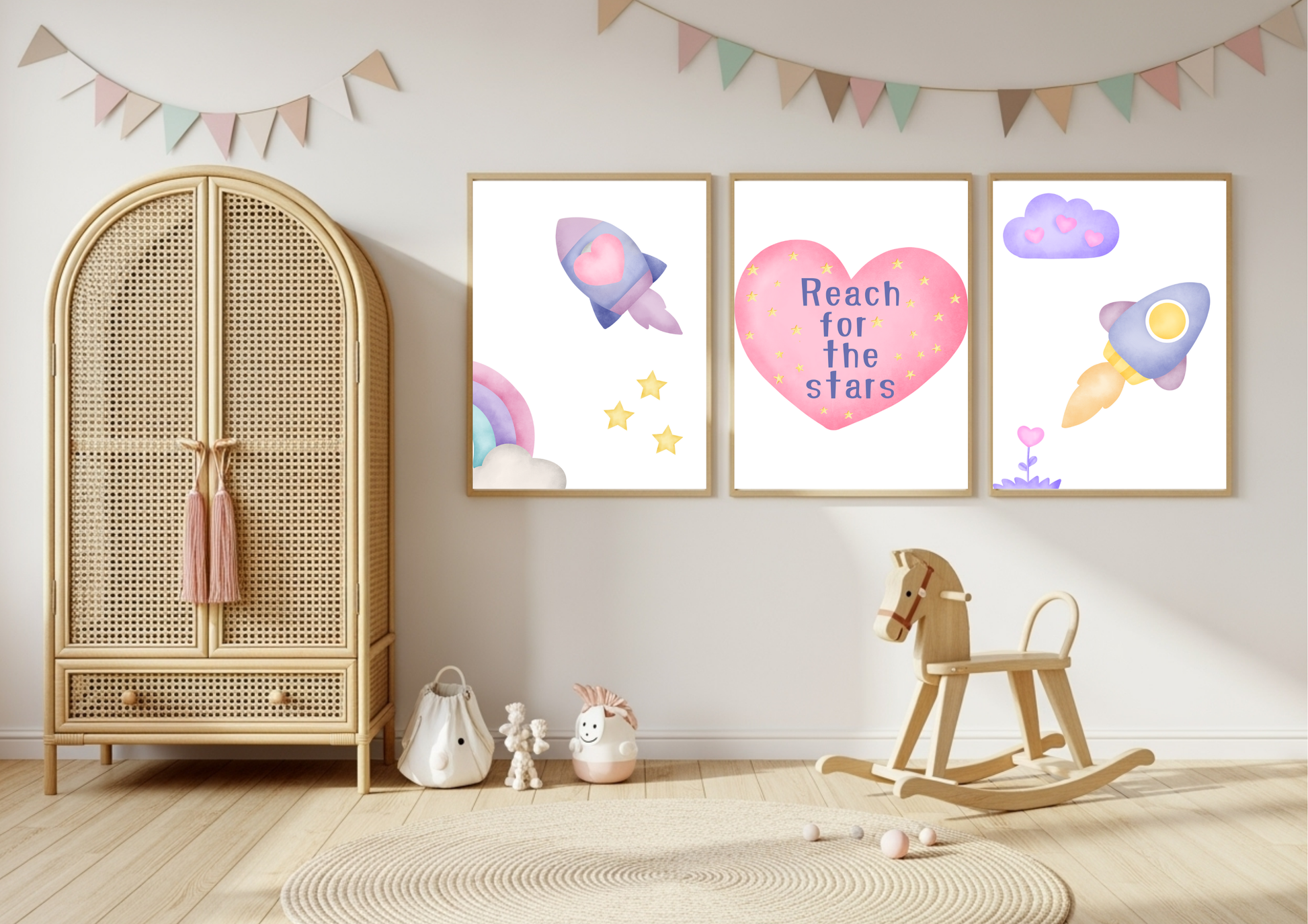 Nursery room with a wooden wardrobe, rocking horse, and wall art featuring space-themed illustrations.