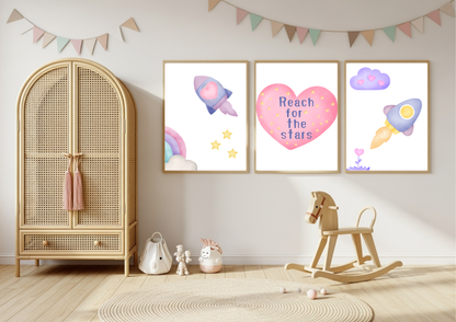 Nursery room with a wooden wardrobe, rocking horse, and wall art featuring space-themed illustrations.
