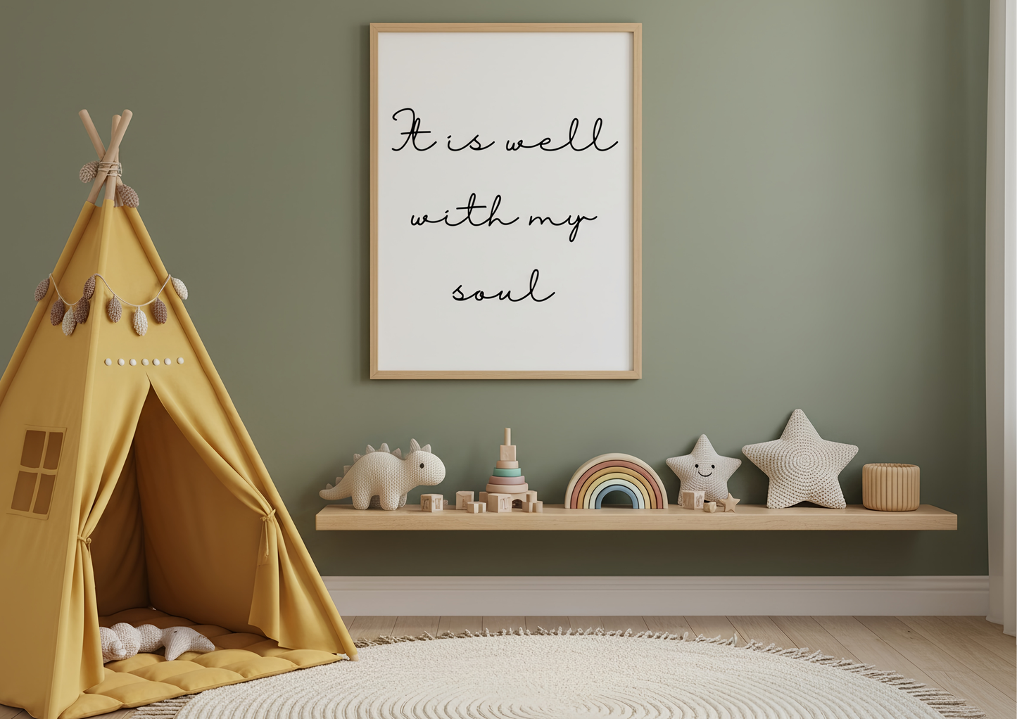 Children's room with a yellow teepee, framed quote, and shelves with toys and decor.