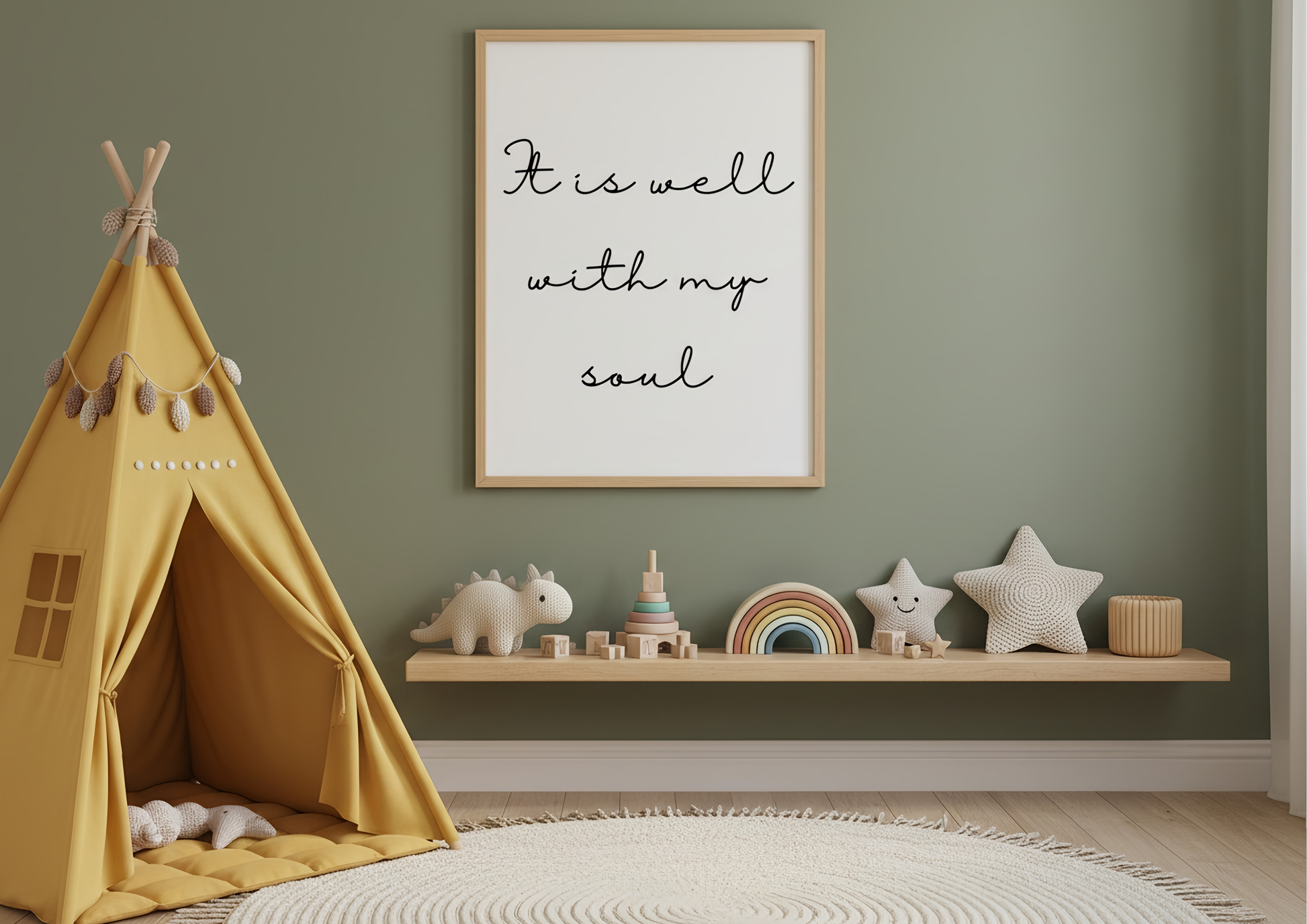 Children's room with a yellow teepee, framed quote, and shelves with toys and decor.