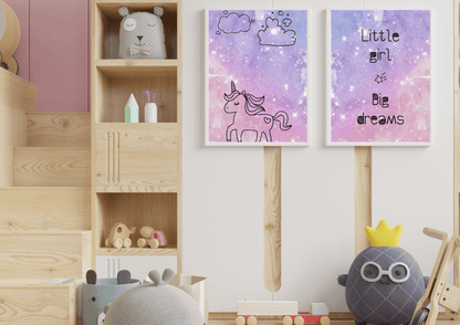 Set of two purple spaced themed unicorn prints