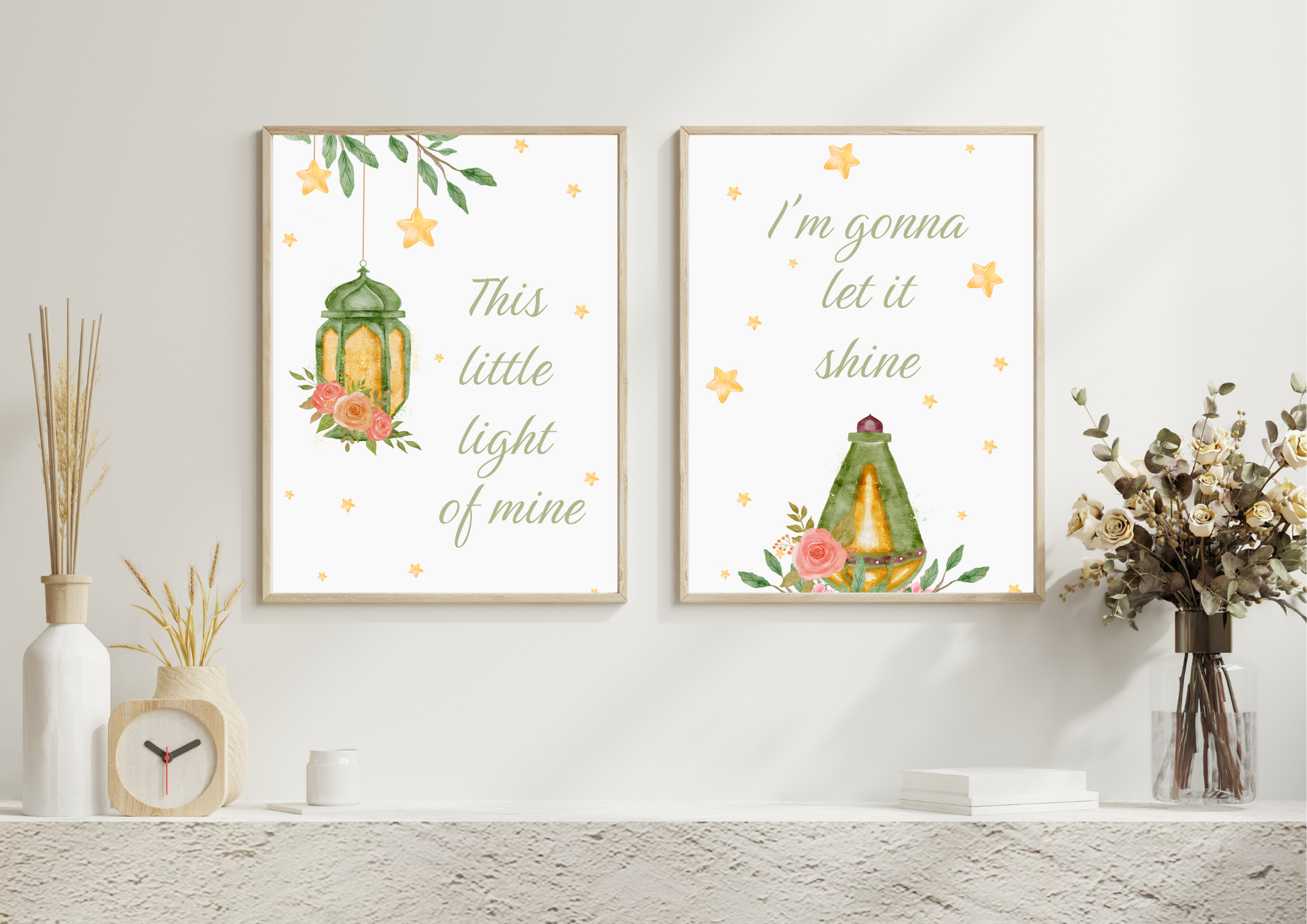 Two framed Christian prints with on the wall.