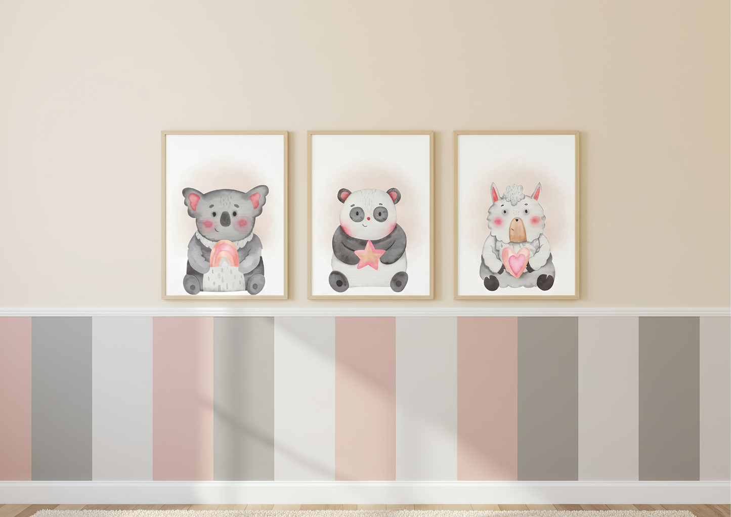 Three framed illustrations of cartoon animals on a wall with a striped wall below.