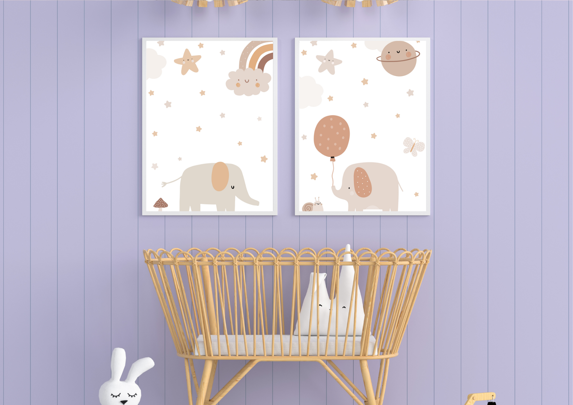 Nursery room with two framed illustrations of elephants on a purple wall above a crib.