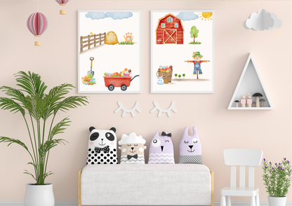 Children's room with farm-themed wall art, plush toys, and a plant.