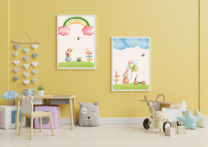 Children's room with colorful wall art and toys on a yellow wall.