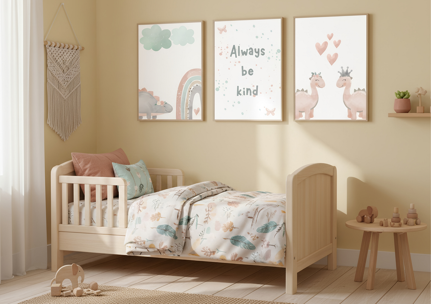 Boho Dino Nursery Prints | Always Be Kind Wall Art | Digital Download Girls Room Decor