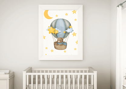 Digital nursery print featuring bear in hot air balloon