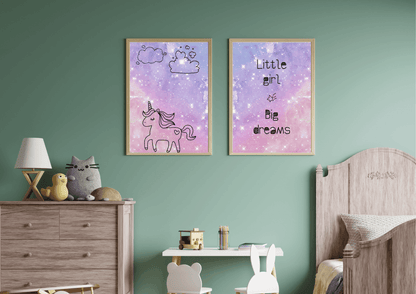 Set of two purple spaced themed unicorn prints