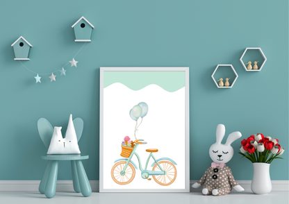 Sweet Bicycle Nursery Print | Balloon Wall Art | Pink And Mint Kids Decor