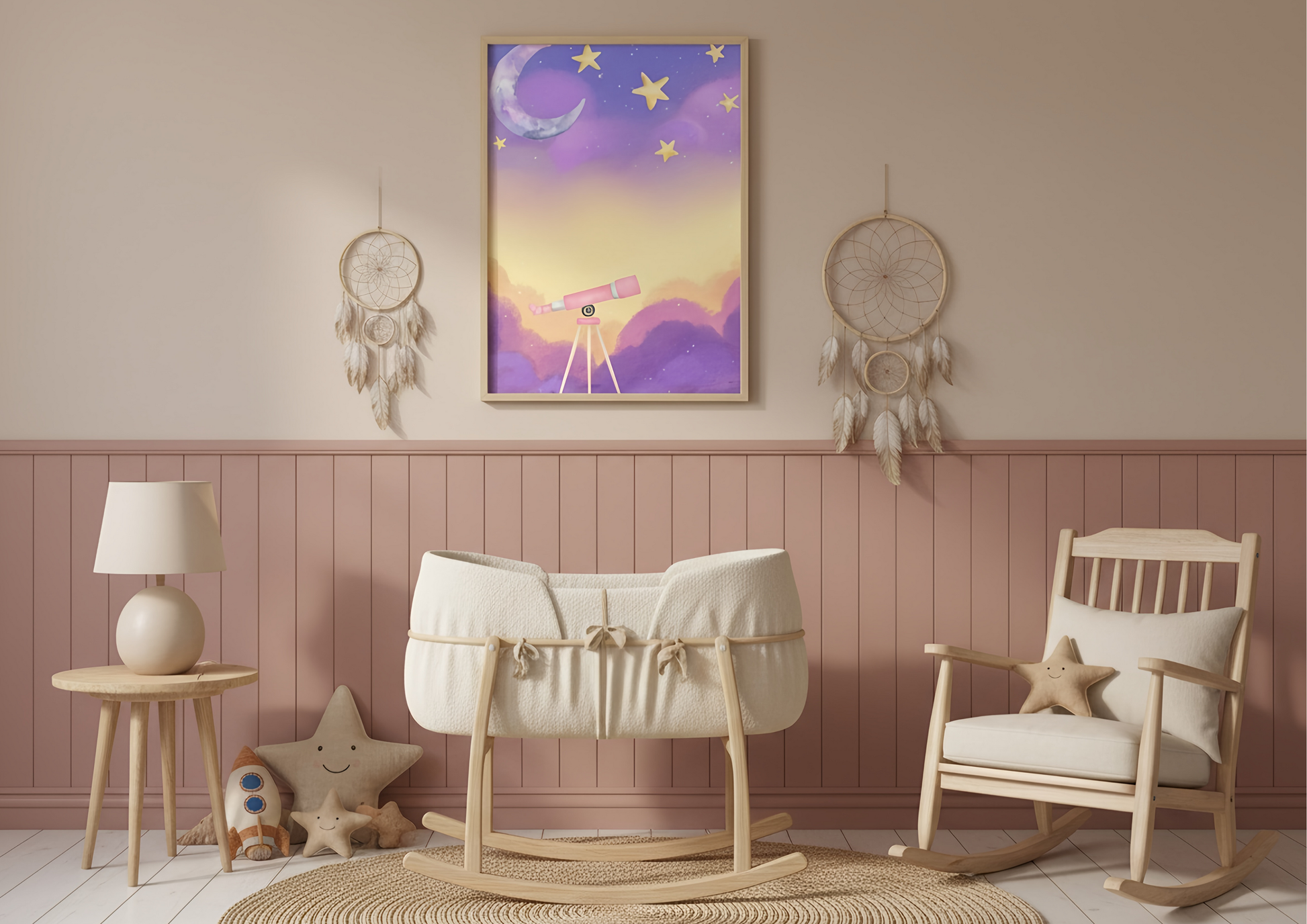 Nursery room with a crib, rocking chair, and decorative wall art.