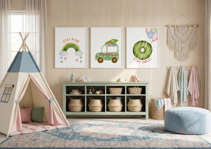 Children's playroom with teepee, rug, and wall art
