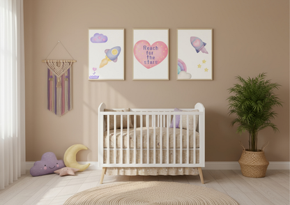 Nursery room with a white crib, colorful wall art, and decorative items.