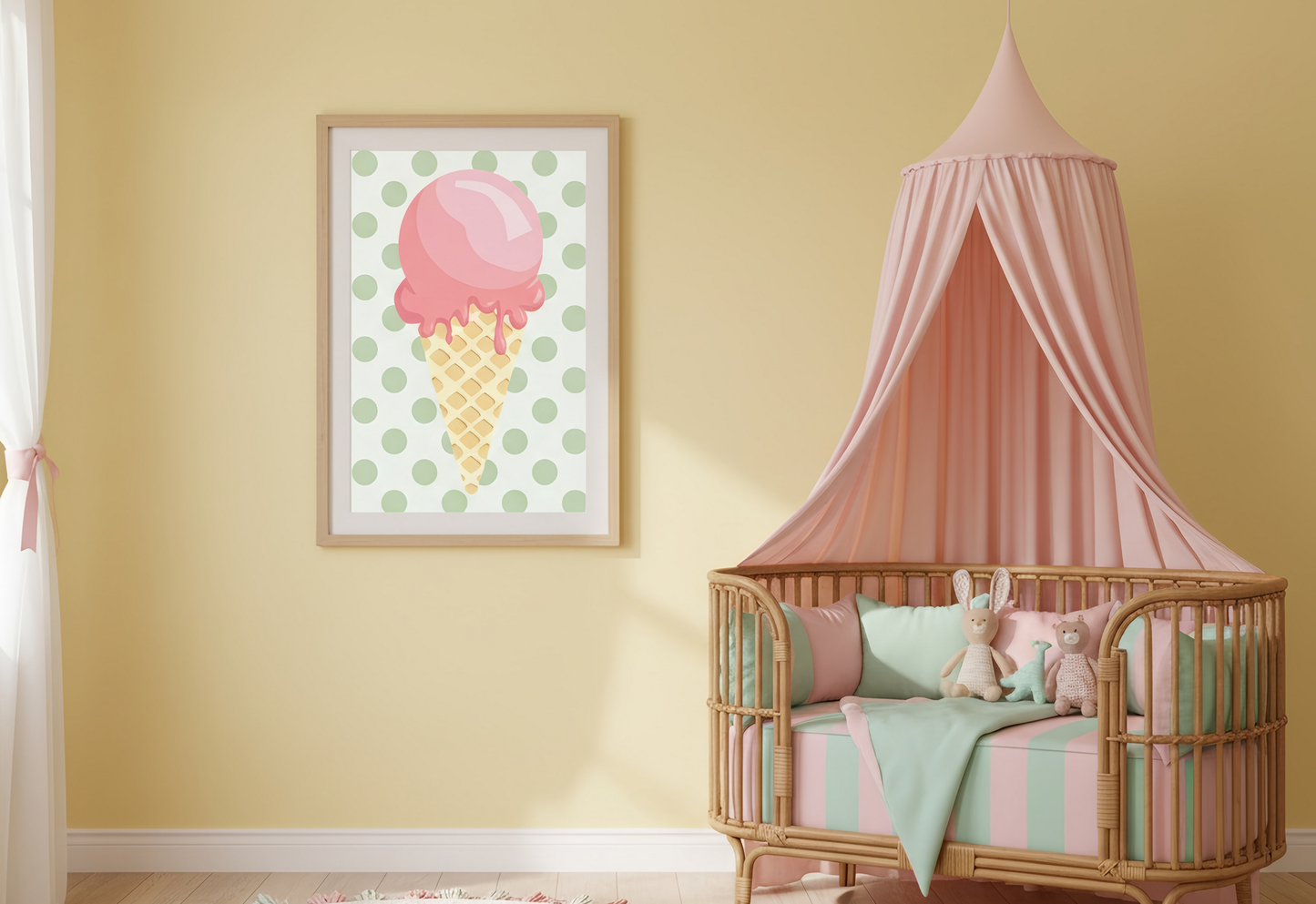 Children's room with a crib, pink canopy, and wall art of an ice cream cone.
