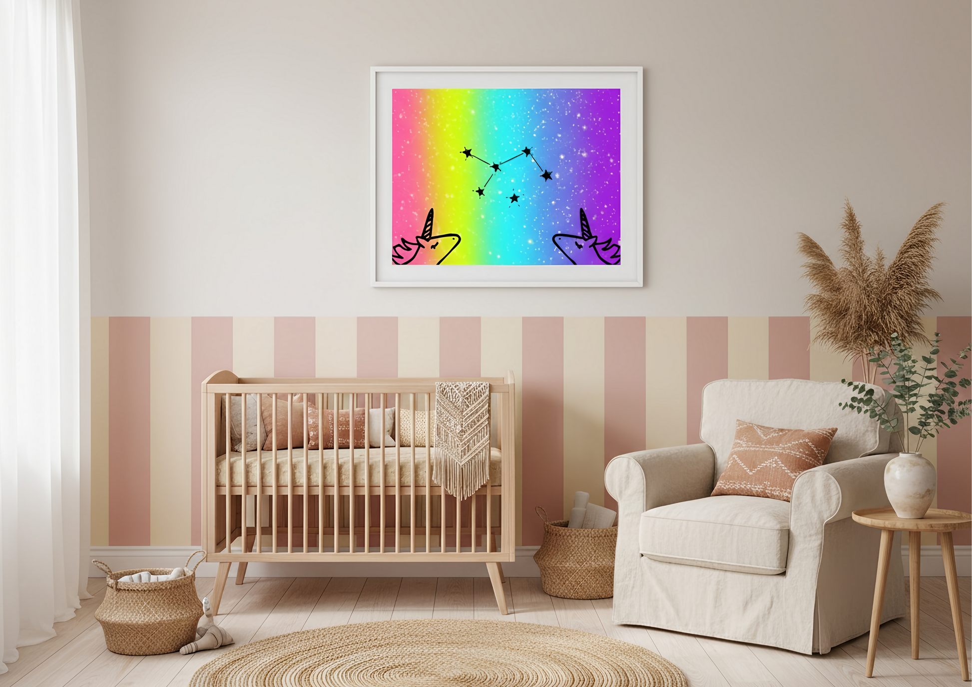 Nursery room with striped wallpaper, crib, and armchair with a colorful abstract painting above.