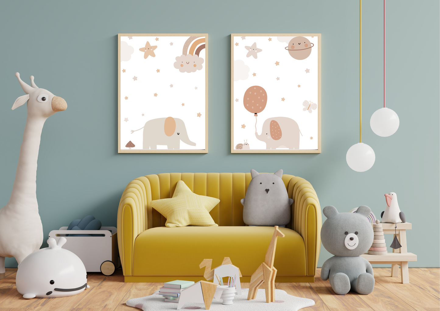 Boho elephant nursery prints | set of 2 | neutral baby room decor