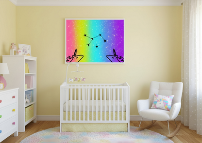 Nursery room with a white crib, colorful wall art, and a chair.