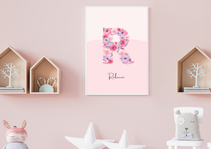 Personalized Floral Initial Wall Art | Custom Nursery Name Print