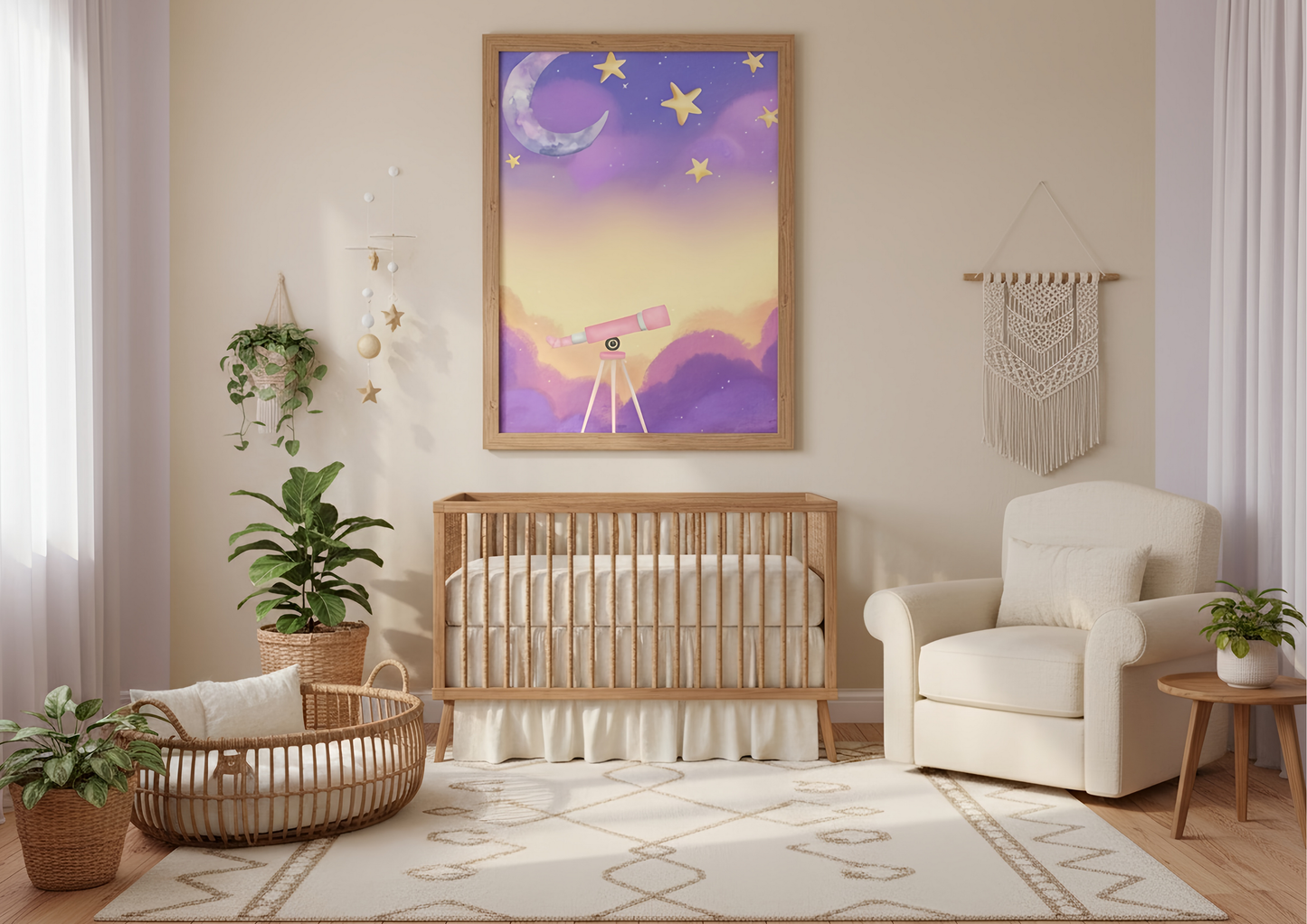 Nursery room with wooden crib, armchair, and decorative wall art.