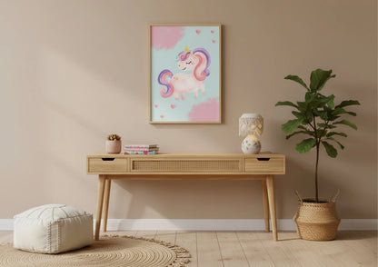 Wooden console table with decorative items against a beige wall with a unicorn poster.