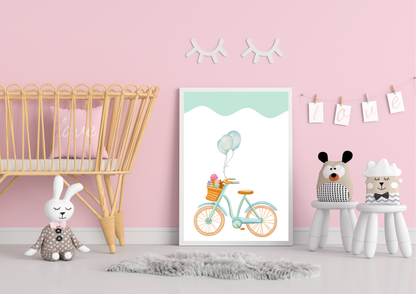 Sweet Bicycle Nursery Print | Balloon Wall Art | Pink And Mint Kids Decor