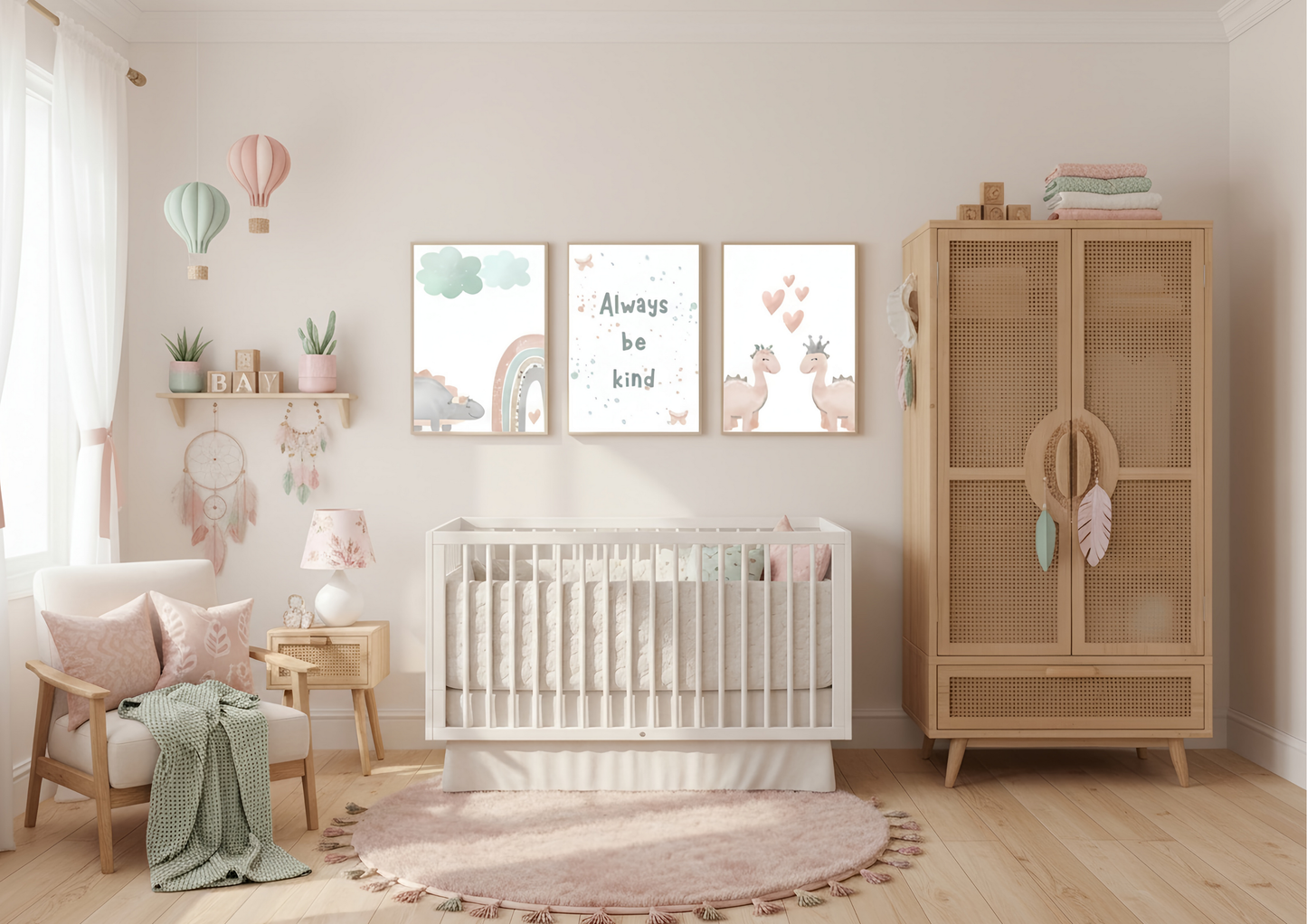 Boho Dino Nursery Prints | Always Be Kind Wall Art | Digital Download Girls Room Decor