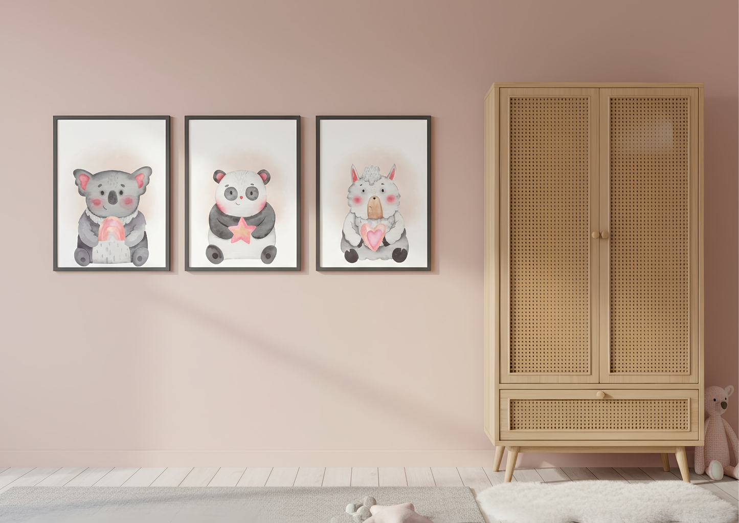 Children's room with a wardrobe, teddy bear, and wall art of animals.