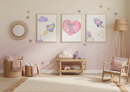 Children's room with pink walls, decorative posters, and wooden furniture.