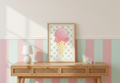 Framed artwork of an ice cream cone on a wall with striped wallpaper