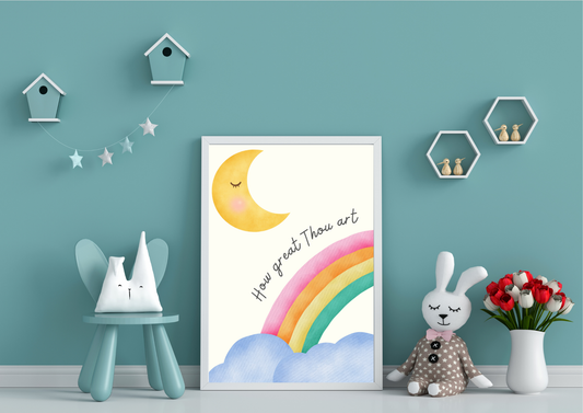 Children's room with a rainbow and moon religious poster, stuffed animals, and decorative items on a teal wall.