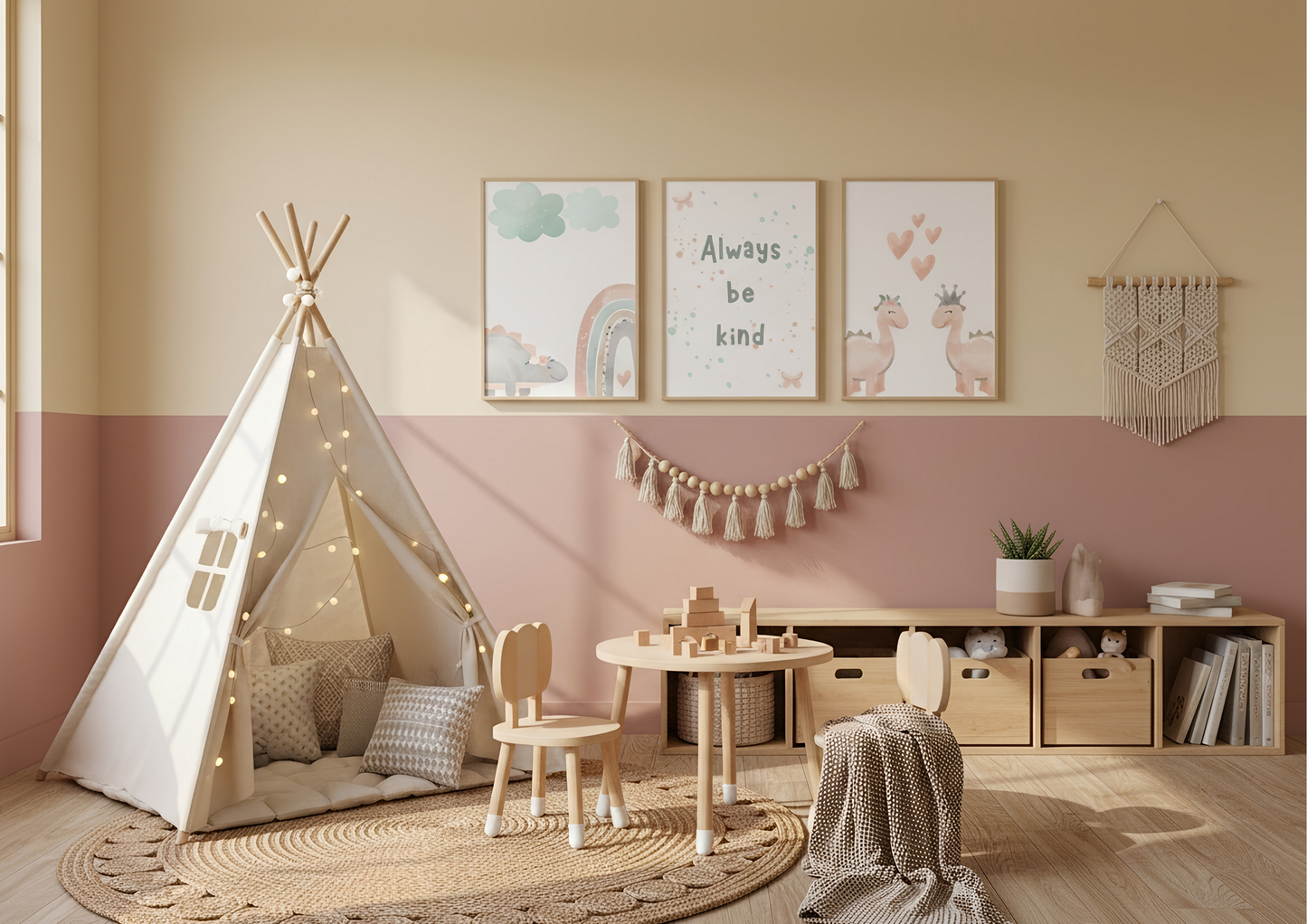 Boho Dino Nursery Prints | Always Be Kind Wall Art | Digital Download Girls Room Decor