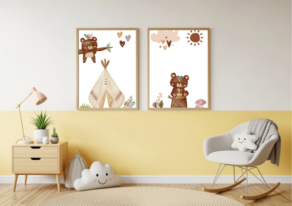 Aztec Bear Nursery Prints (Set of 2) | Tribal Woodland Wall Art | Gender Neutral