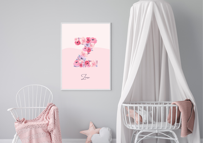 Personalized Floral Initial Wall Art | Custom Nursery Name Print
