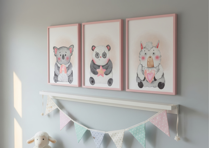 Three framed animal prints on a wall with a decorative banner below.