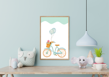 Sweet Bicycle Nursery Print | Balloon Wall Art | Pink And Mint Kids Decor