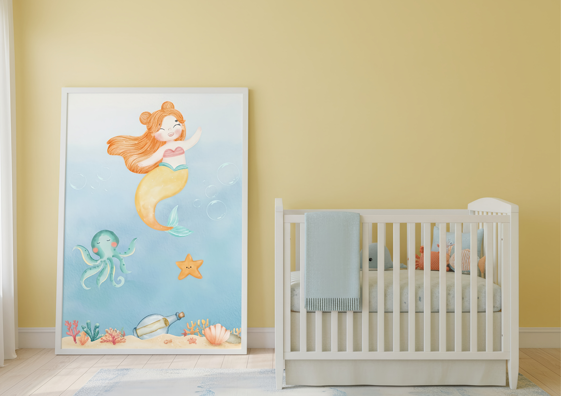 Nursery room with a framed picture of a mermaid and a crib.